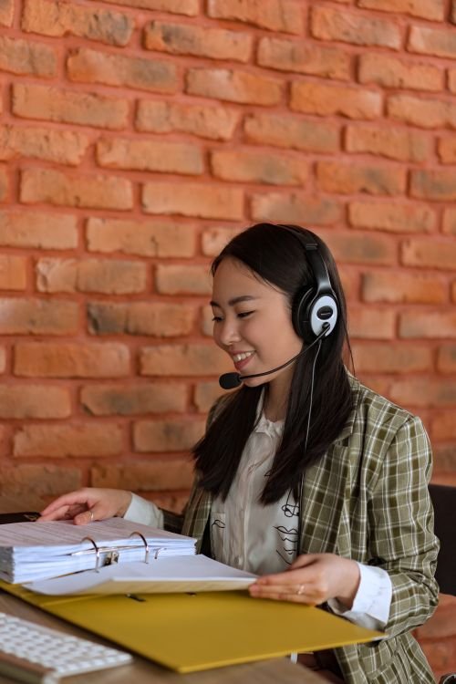 Customer support agent wearing a headset